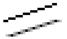 Anti-aliasing up-close. The figure shows the difference between a standard line (on-top) and the corresponding anti-aliased line (on-the bottom)